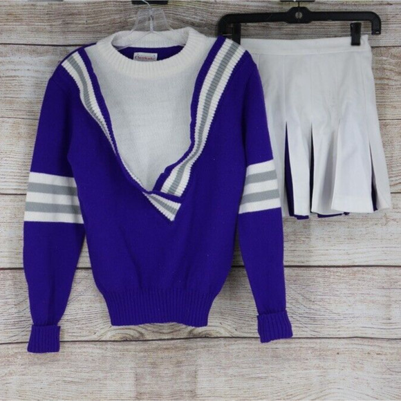 VINTAGE Cheerleader Womens Size Small Pleated Skirt & Knit Sweater Set Purple - Picture 1 of 14